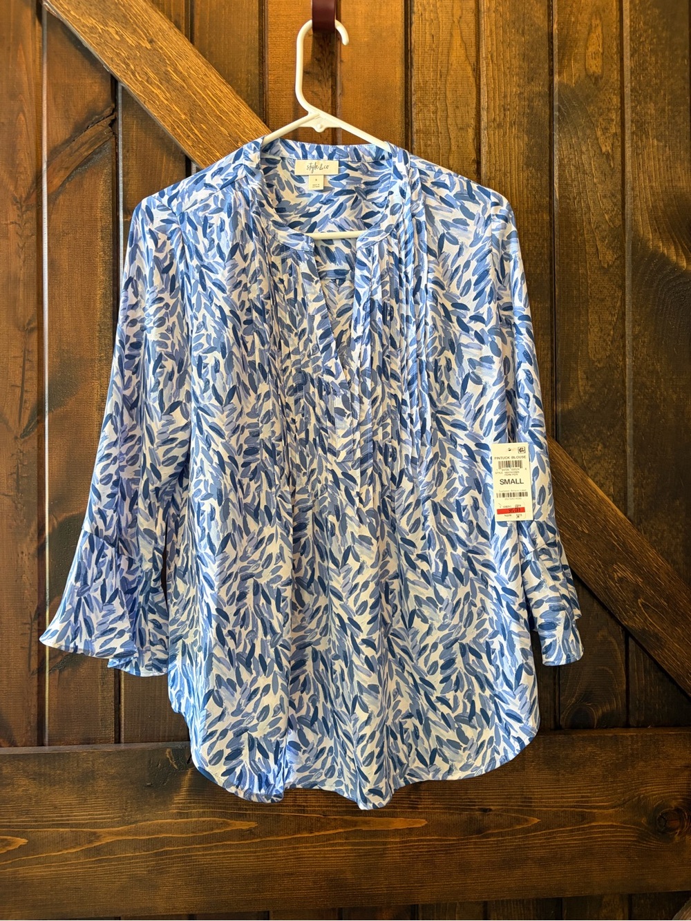 Style & Co. Blue and White Leaf-Print Open-Front Blouse